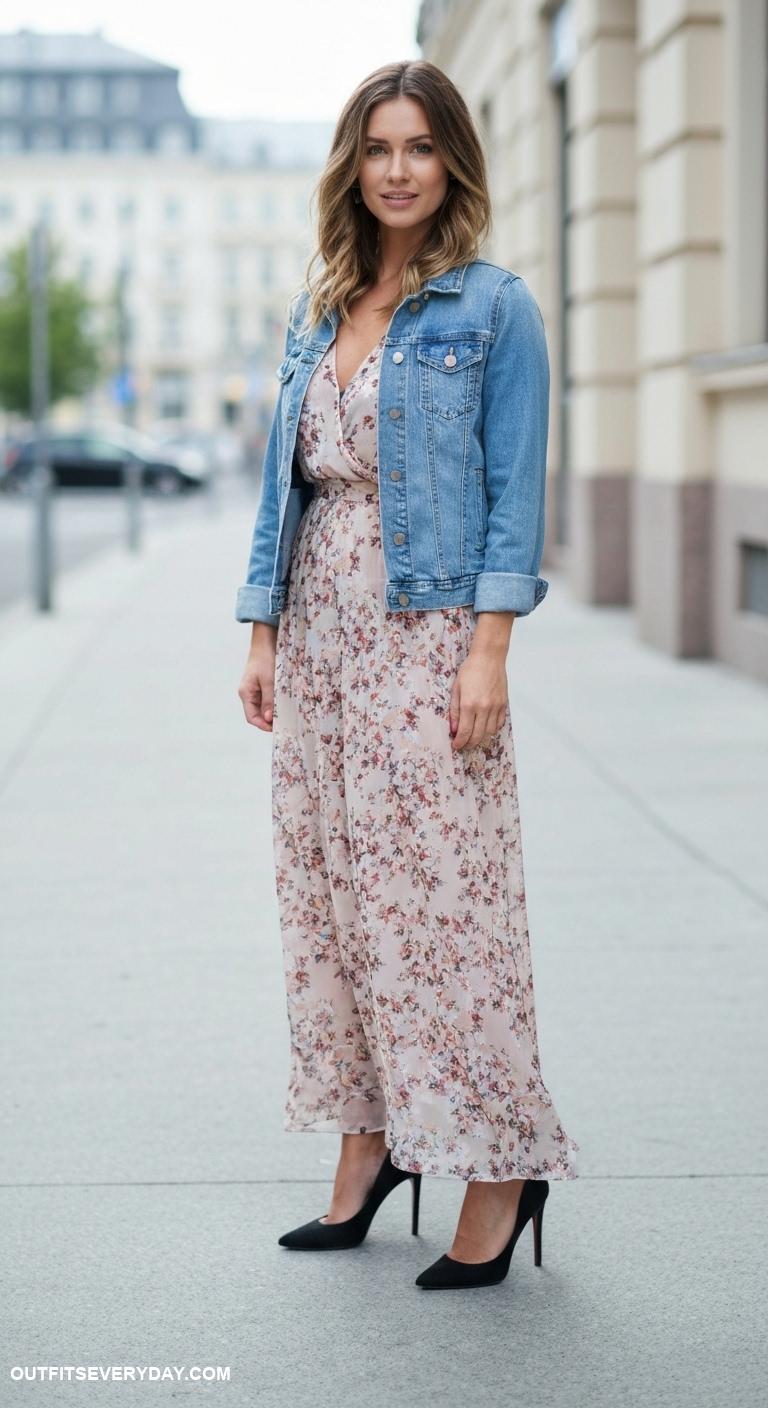 black high heels outfits Accessorize black heels with a denim jacket over a maxi dress