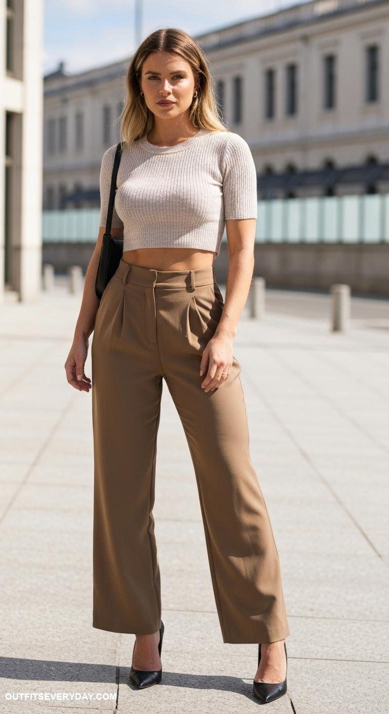 black high heels outfits Choose black high heels with wide leg trousers and a cropped knit top