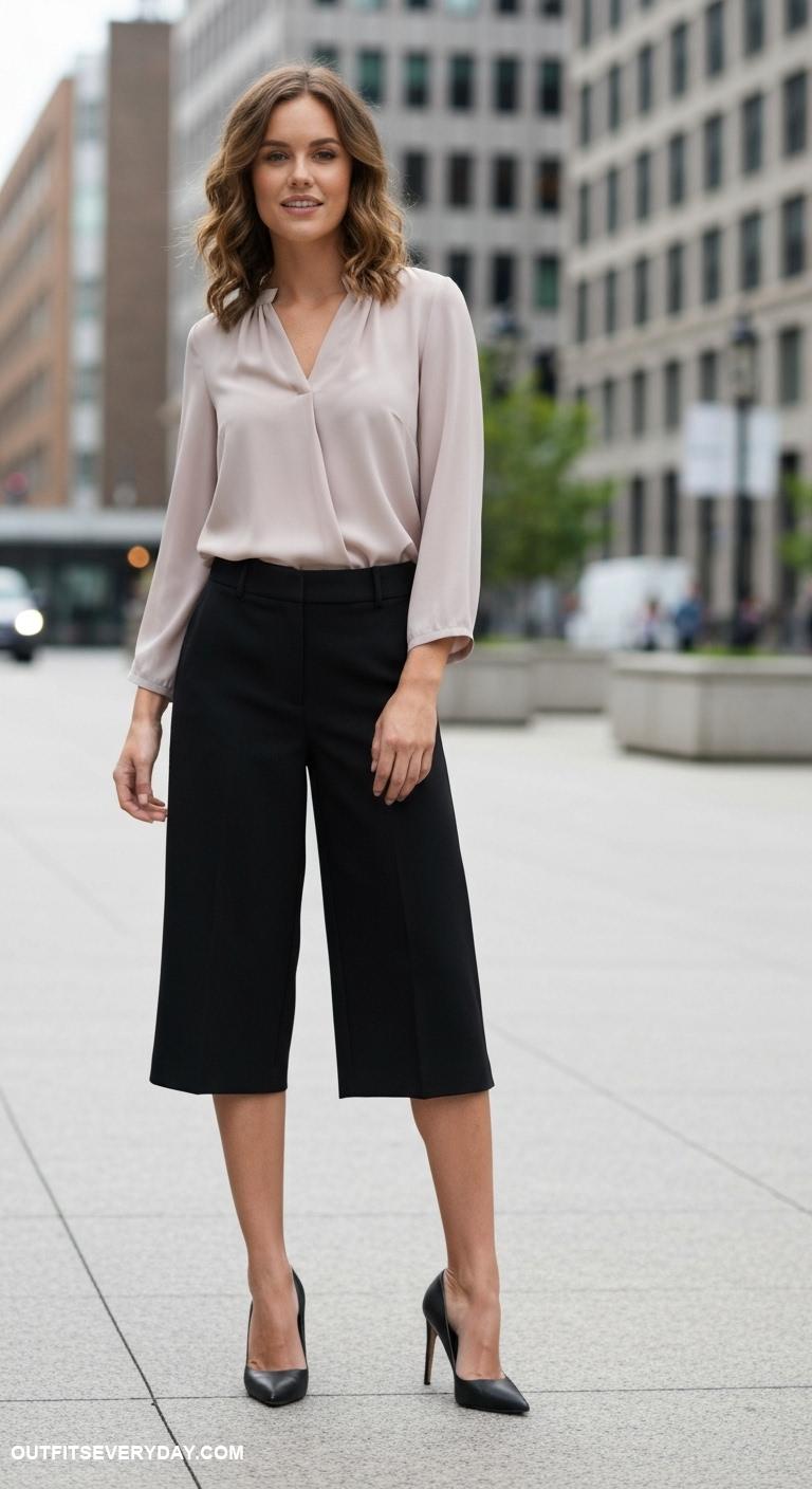 black high heels outfits Go for a chic look with black high heels and tailored culottes and blouse