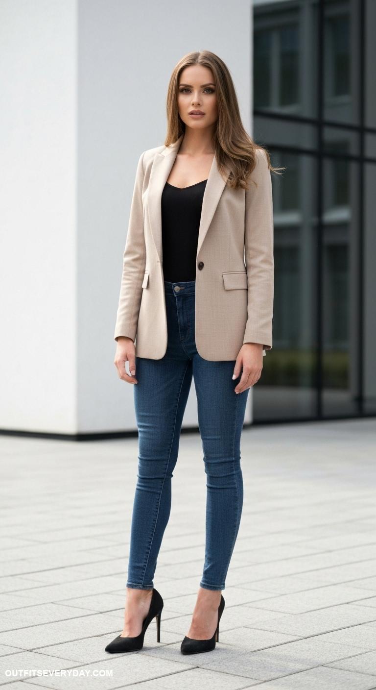 black high heels outfits Pair black high heels with a tailored beige blazer and skinny jeans