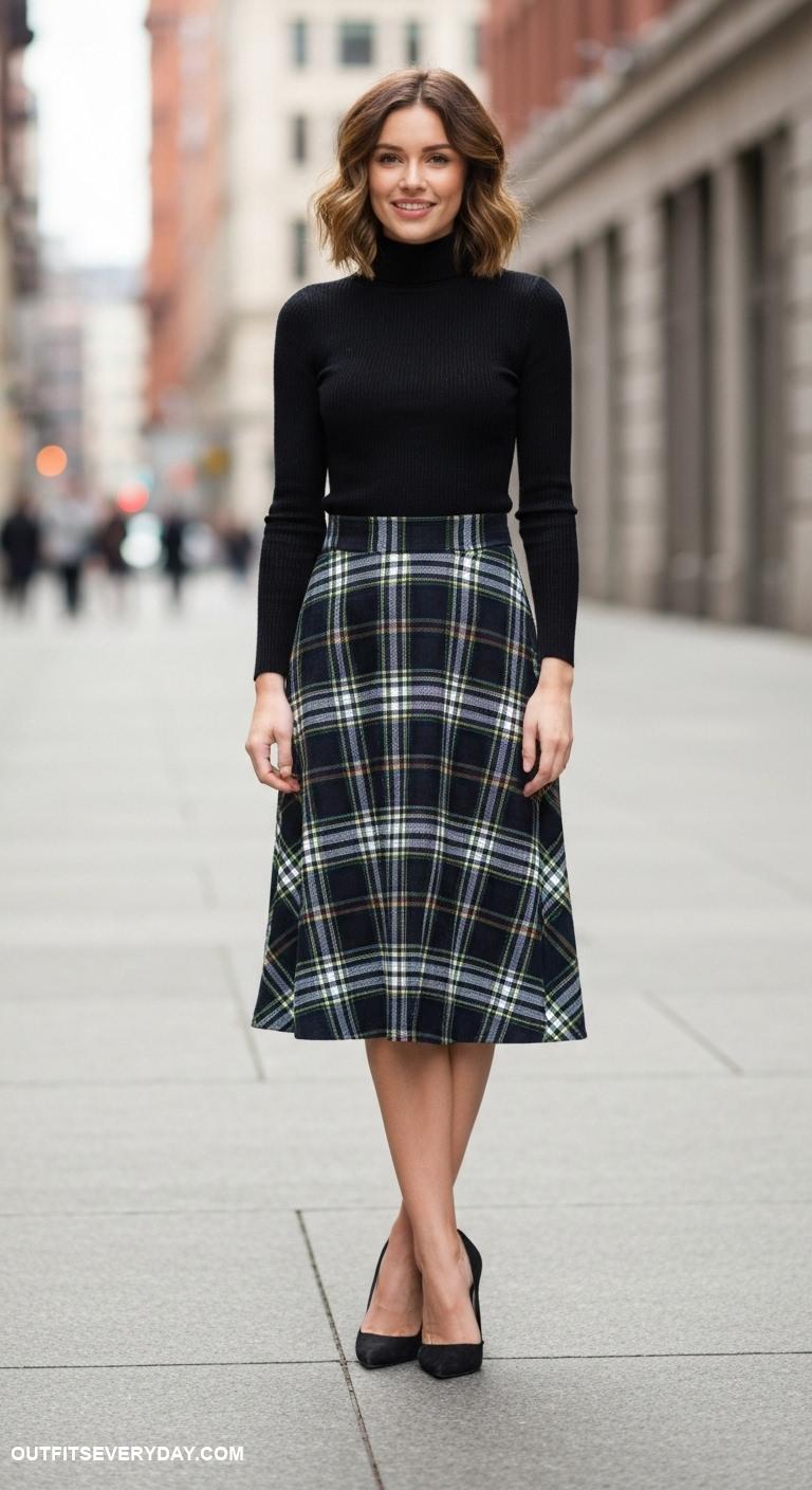 black high heels outfits Team black high heels with a plaid midi skirt and fitted turtleneck sweater