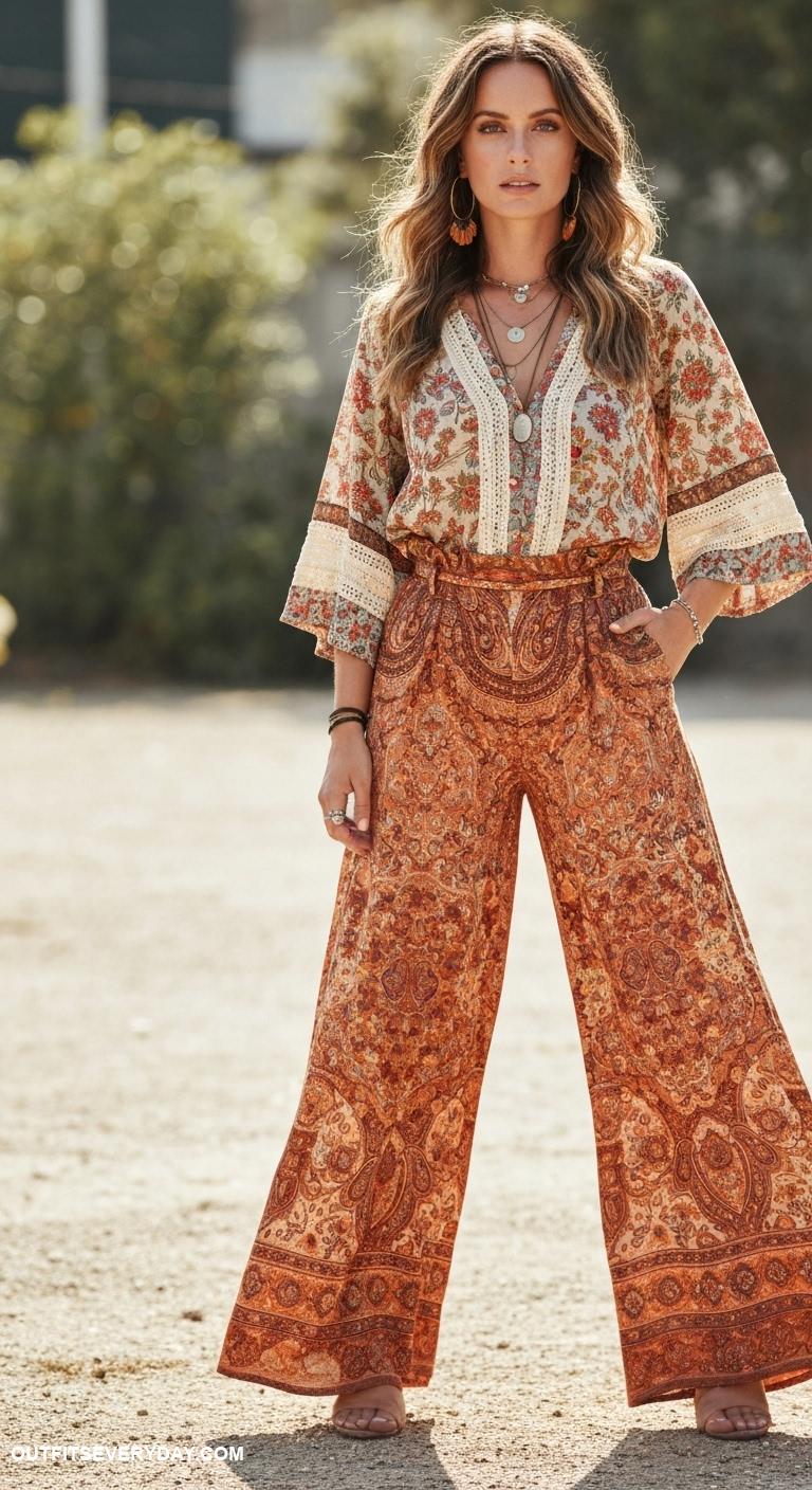 boho chic outfits Breezy boho blouse tucked into high waisted palazzo pants