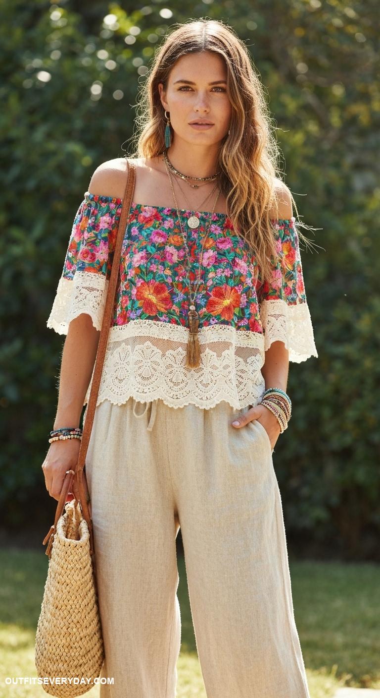 boho chic outfits Embroidered off shoulder top with linen trousers and woven tote