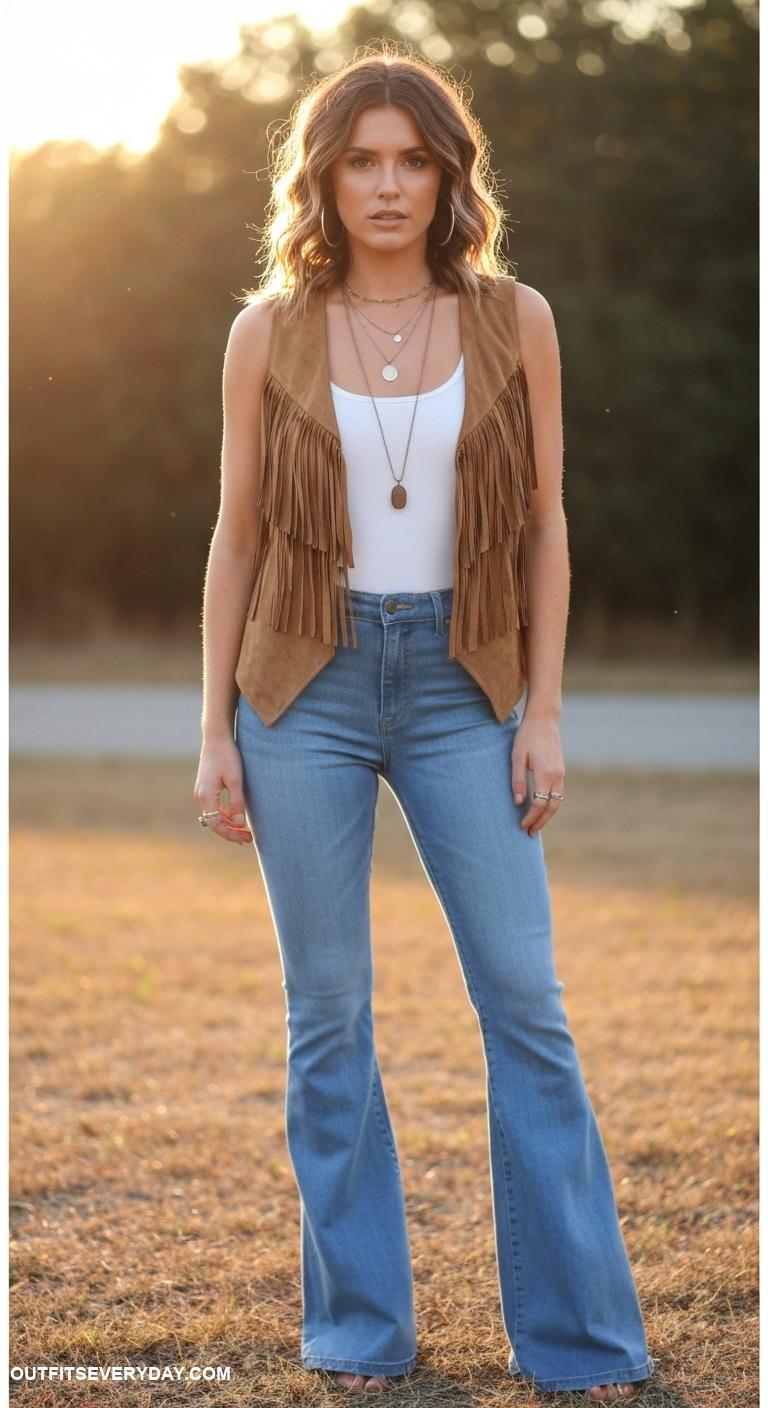 boho chic outfits Fringe vest over a basic tank and flared jeans for a retro flair