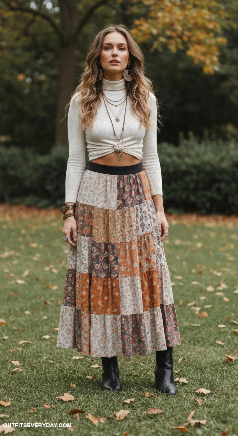 boho chic outfits Patchwork maxi skirt with a fitted turtleneck and ankle boots
