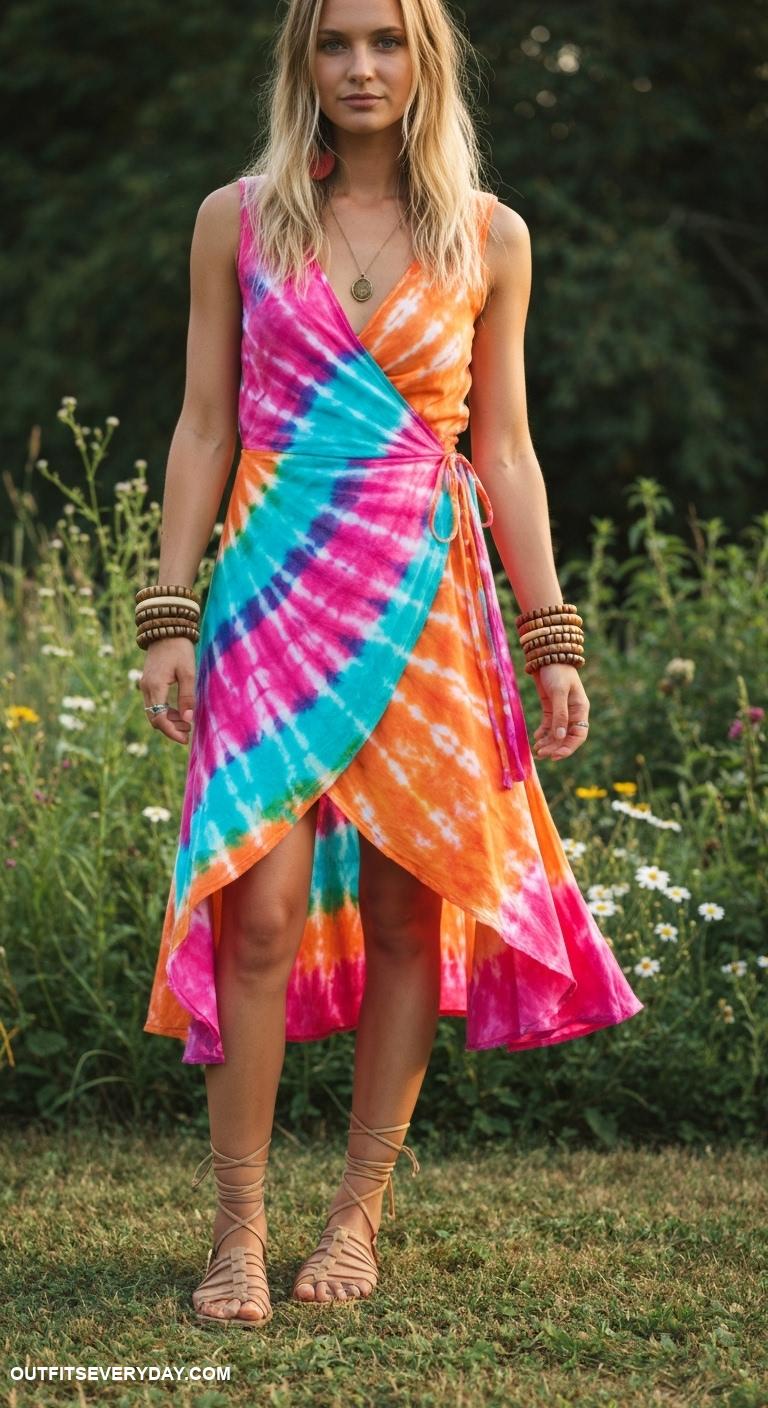 boho chic outfits Tie dye wrap dress with gladiator sandals and stacked bangles