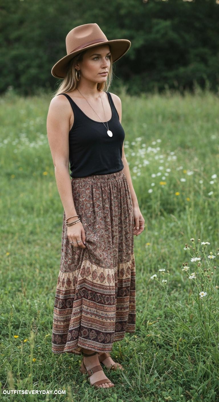 brown felt hat outfits Basic black tank top with a long bohemian skirt