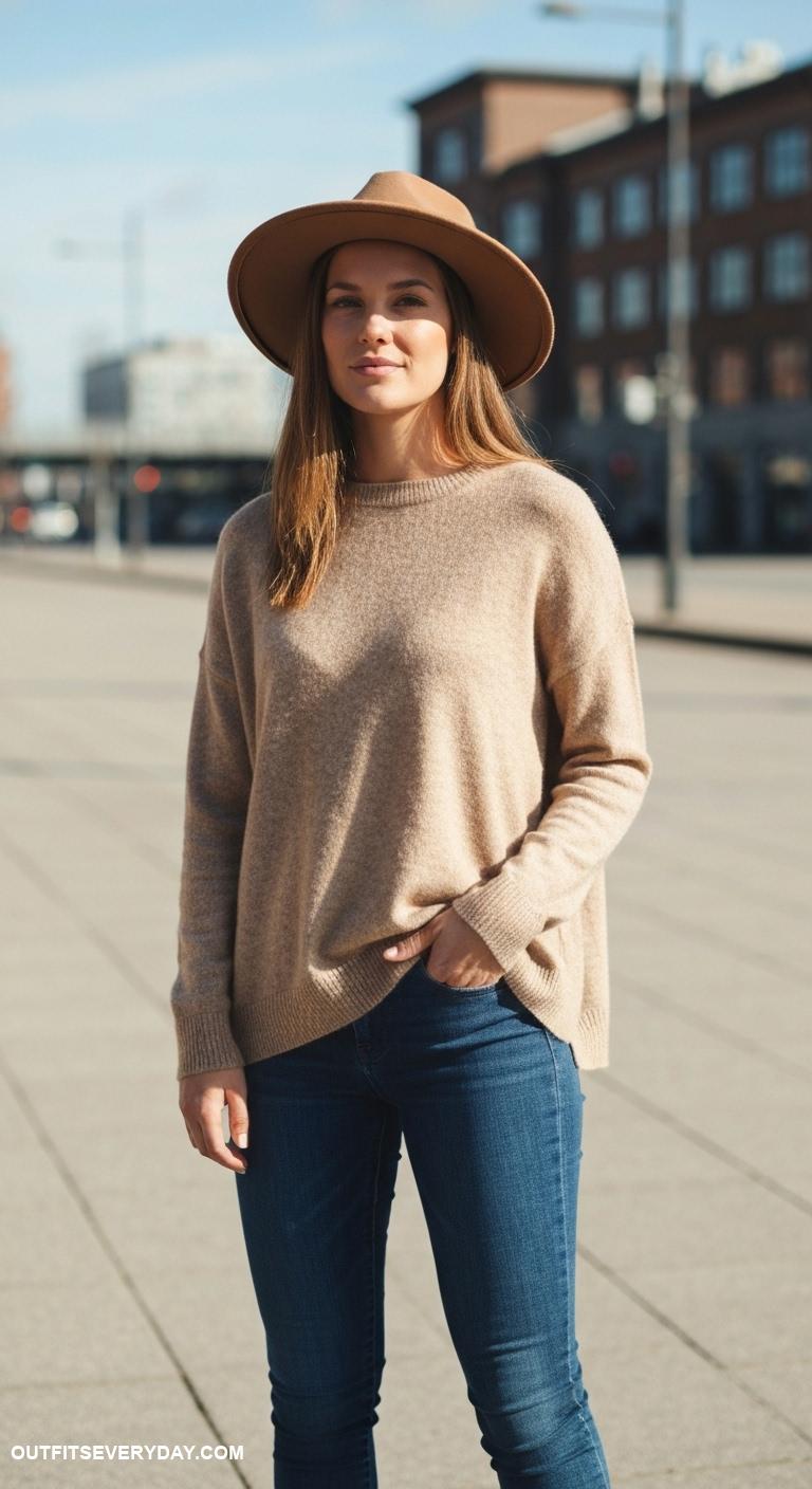 brown felt hat outfits Brown felt hat with oversized beige sweater and skinny jeans