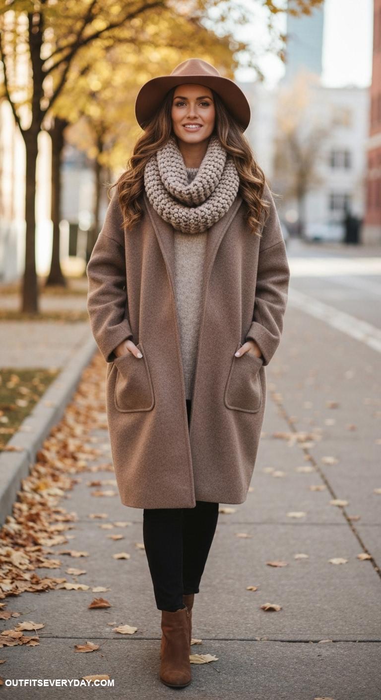 brown felt hat outfits Chunky knit scarf and oversized coat with a floppy brown hat