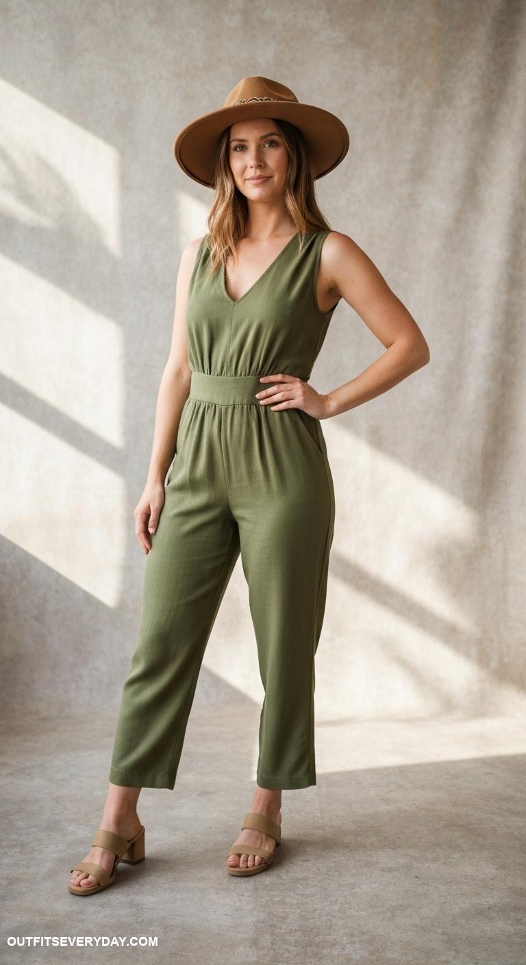 brown felt hat outfits Earthy green jumpsuit styled with a statement brown felt hat
