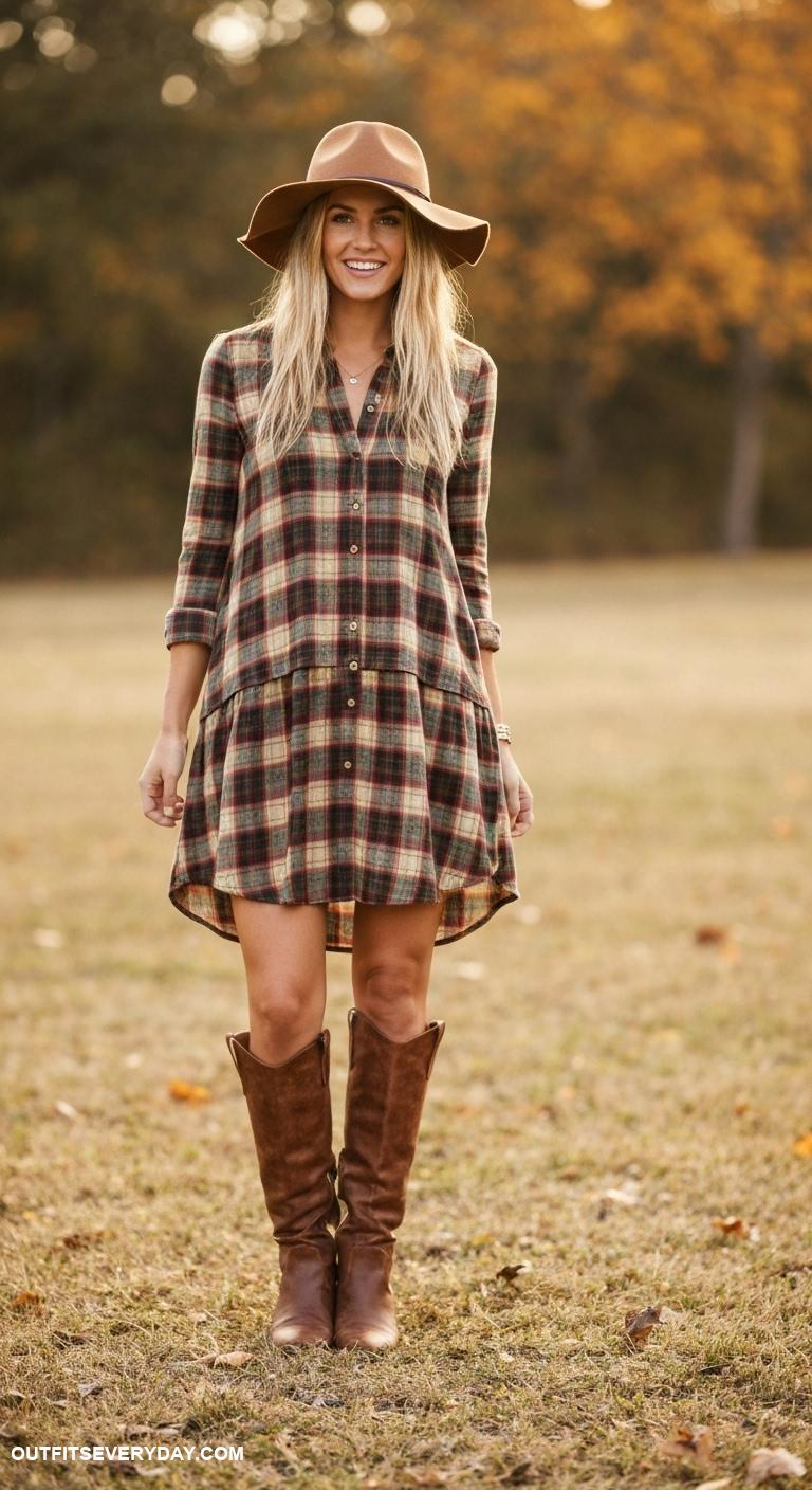 brown felt hat outfits Layered plaid shirt dress paired with knee high brown boots