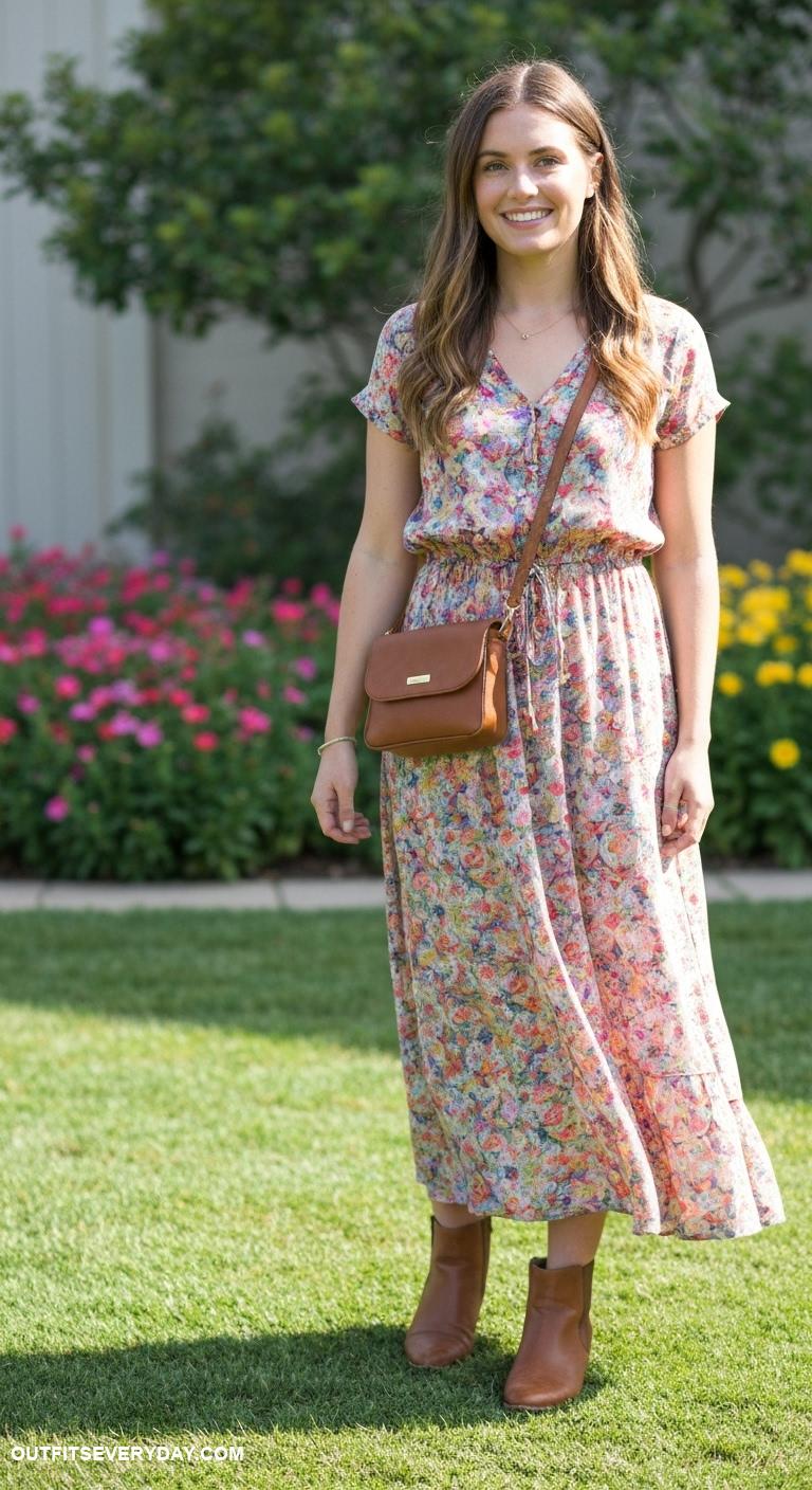 brown leather bag outfits Brown crossbody bag with a floral maxi dress and ankle boots