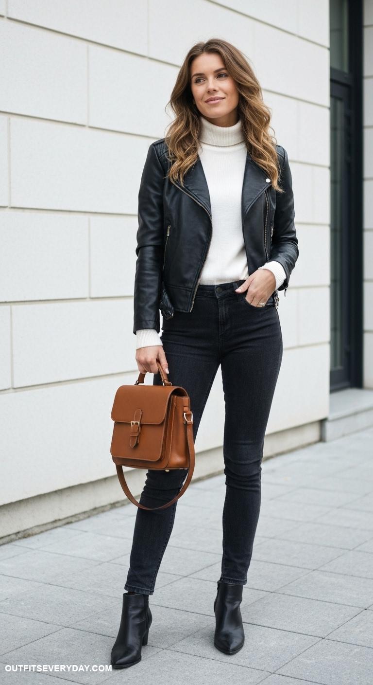 brown leather bag outfits Brown satchel with a black leather jacket and white turtleneck