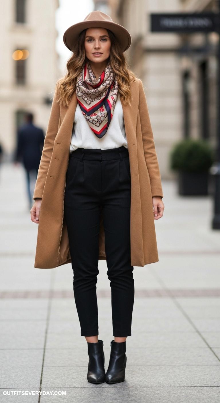 camel coat outfits Accessorize with a statement scarf and fedora for a trendy vibe