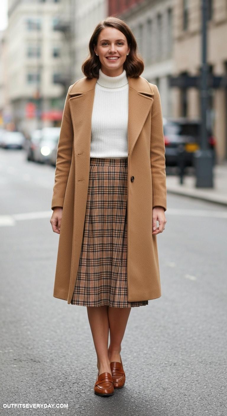 camel coat outfits Complete with a pleated skirt and loafers for a retro inspired outfit