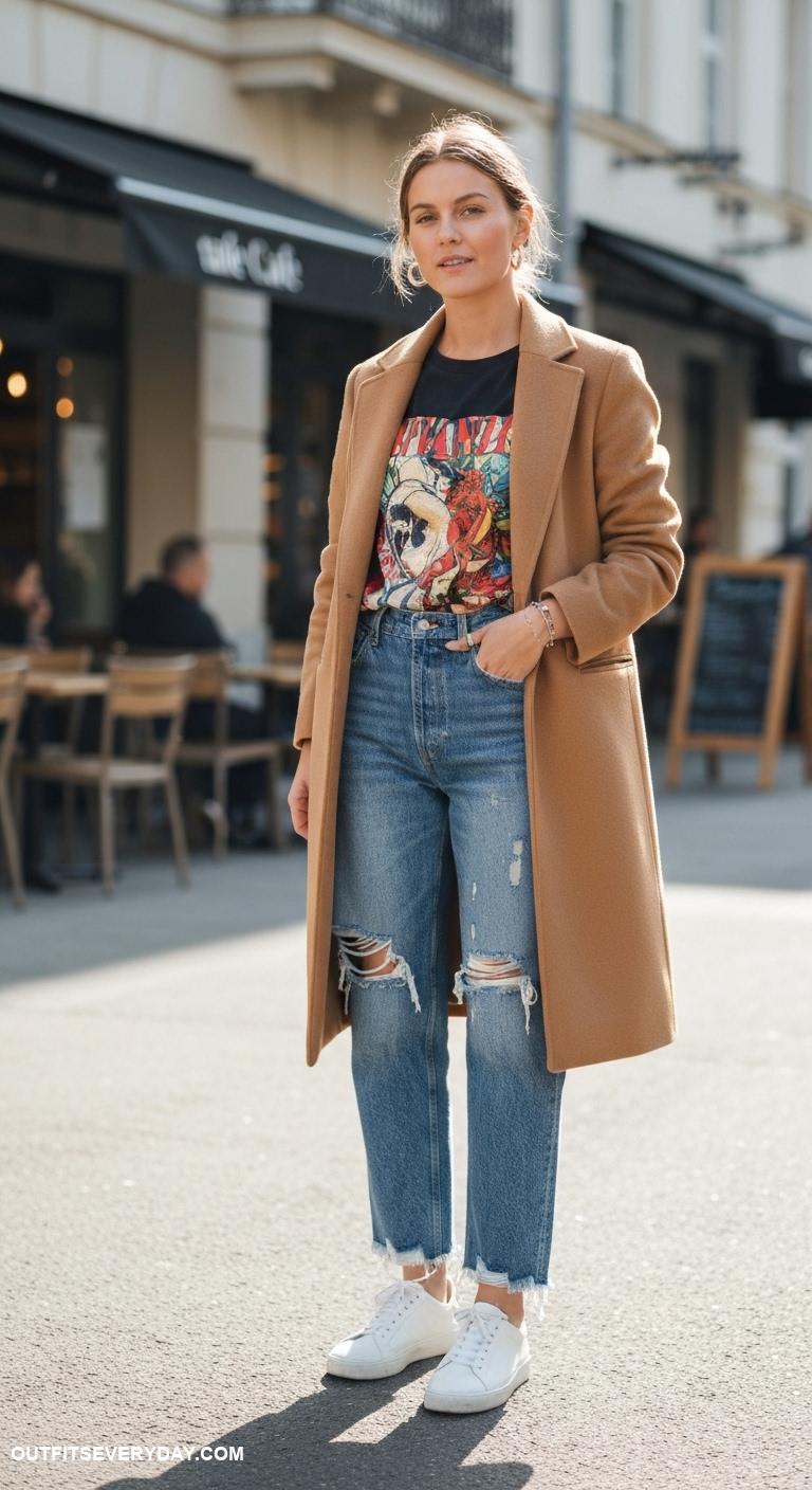 camel coat outfits Dress it down with a graphic tee and distressed denim for casual outings