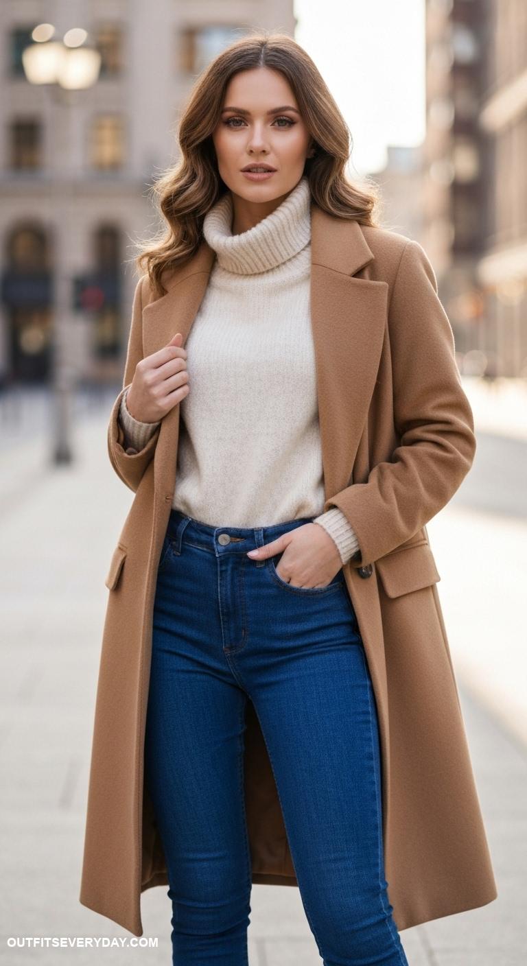 camel coat outfits Layer a turtleneck sweater and high waisted jeans under the camel coat