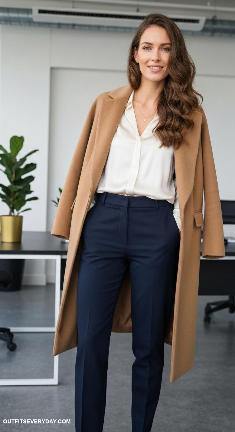 camel coat outfits Match with tailored trousers and a silk blouse for office wear