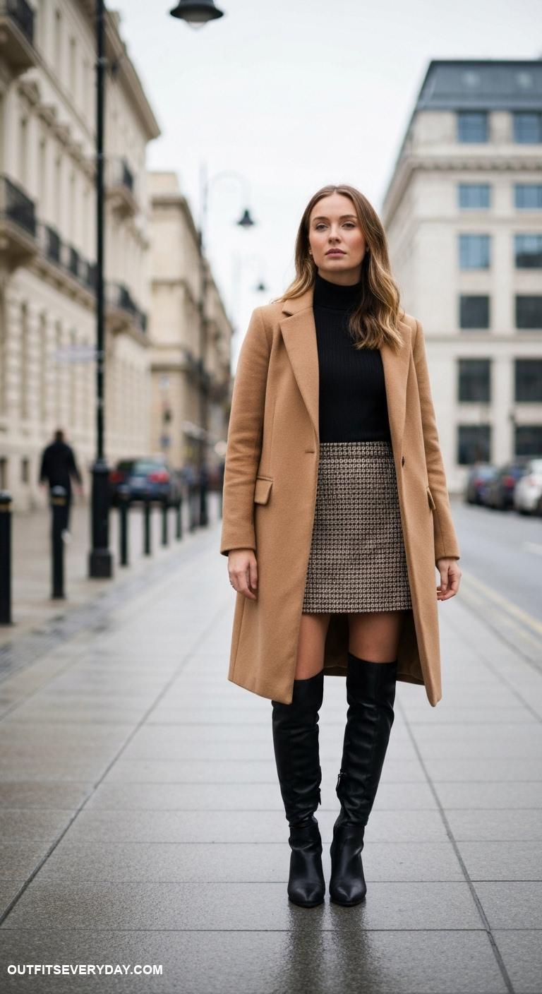 camel coat outfits Pair with a plaid mini skirt and knee high boots for a chic look