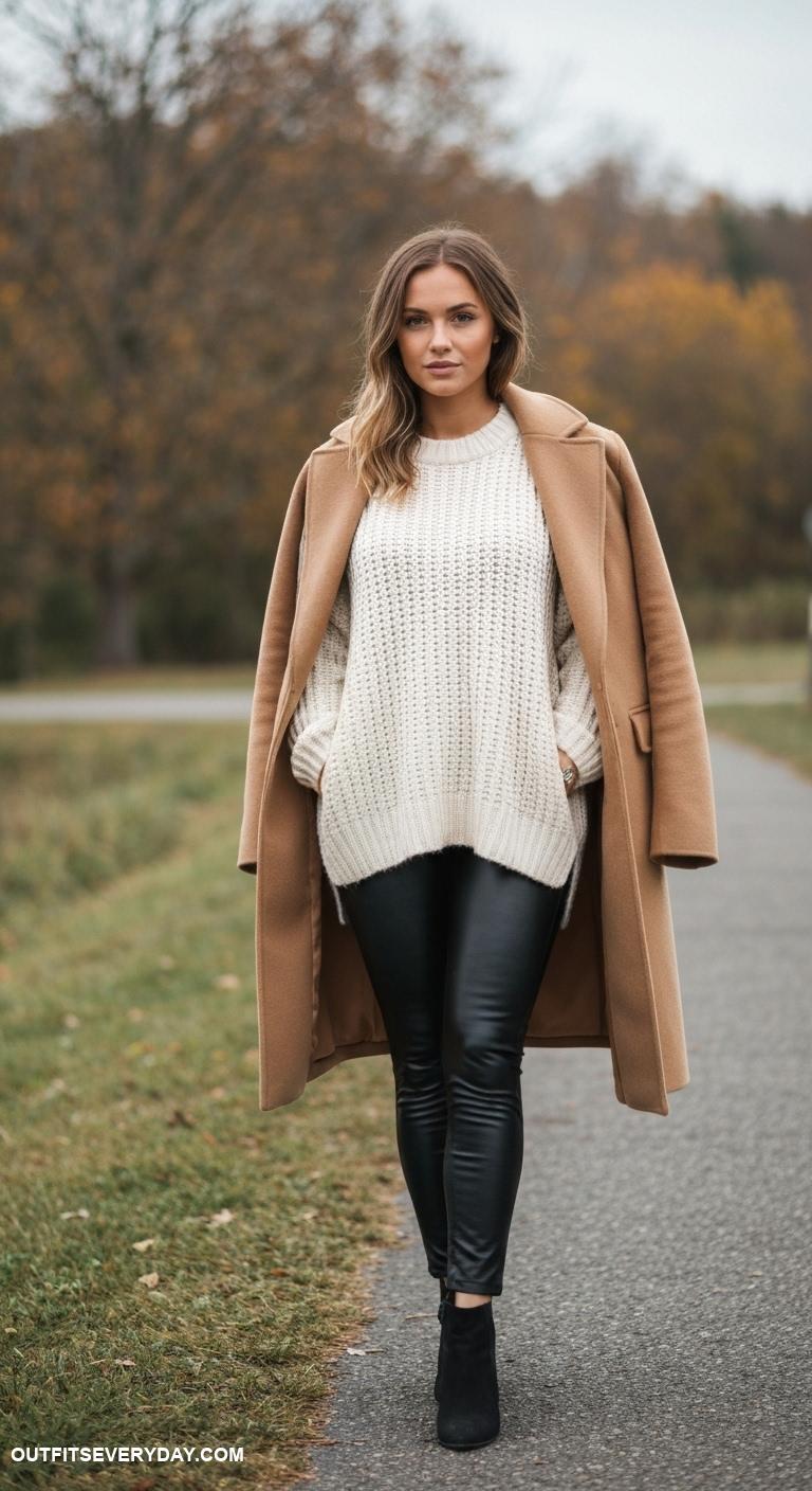 camel coat outfits Style with an oversized knit sweater and leather leggings for coziness