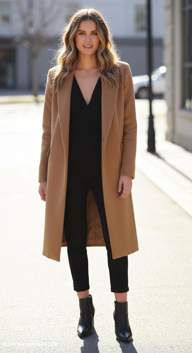 camel coat outfits Throw over a fitted jumpsuit and heeled booties for a sophisticated ensemble
