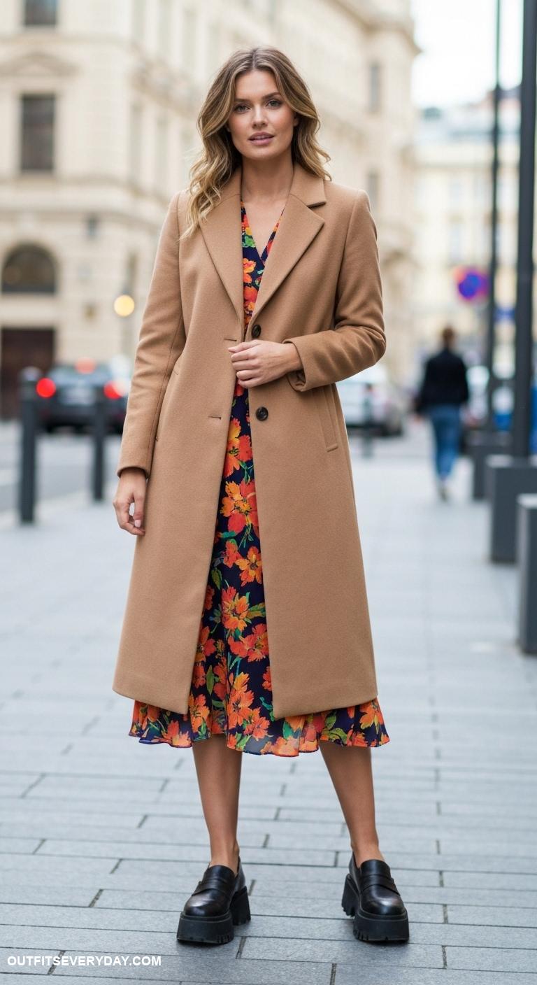 camel coat outfits Wear over a vibrant midi dress and chunky platform shoes for contrast