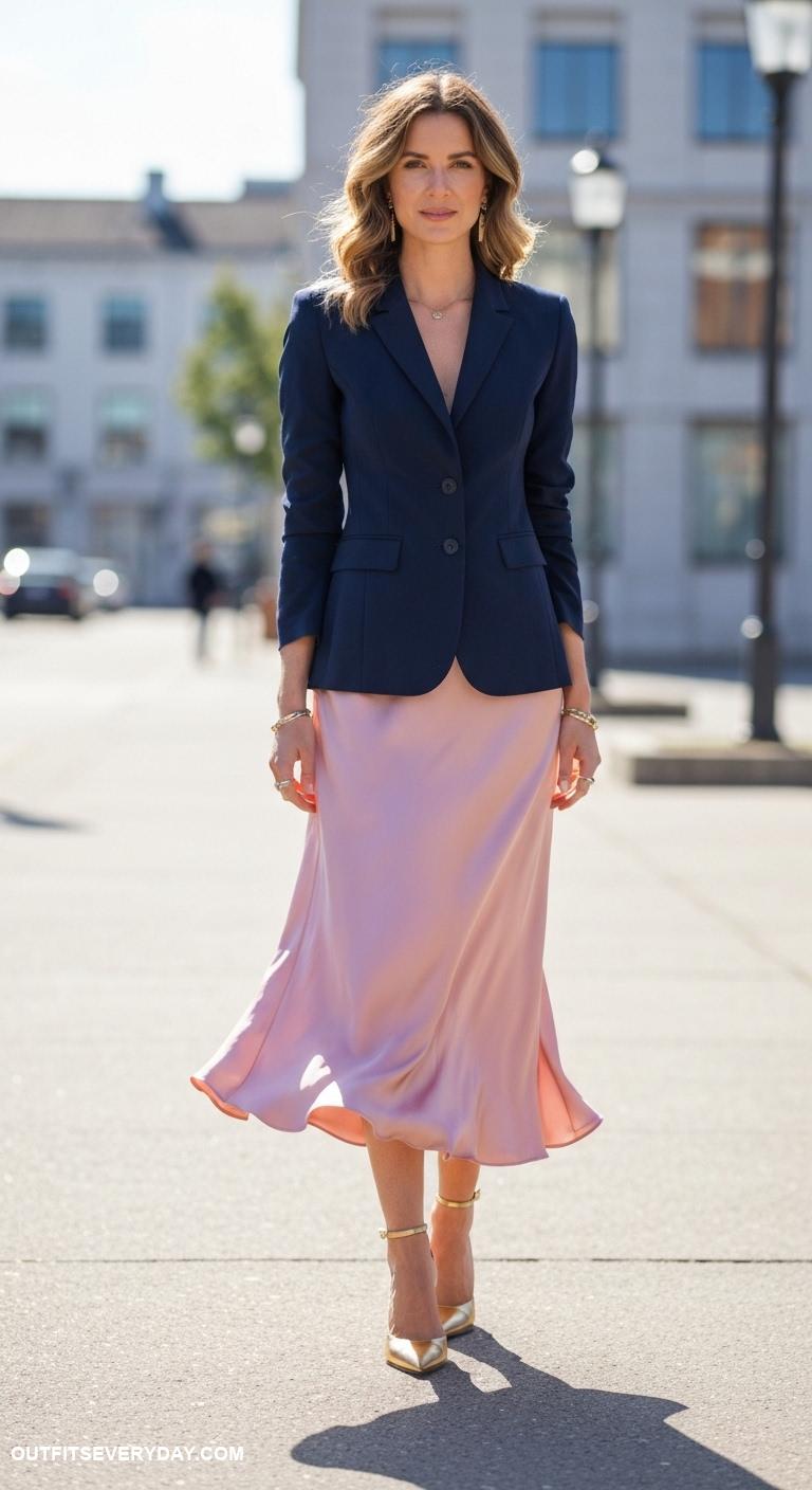 casual blazer outfits Combine a fitted blazer with a satin midi skirt and statement heels