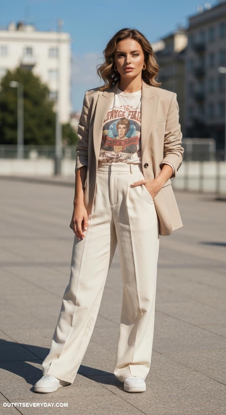 casual blazer outfits Layer a beige blazer with a graphic tee and wide leg trousers