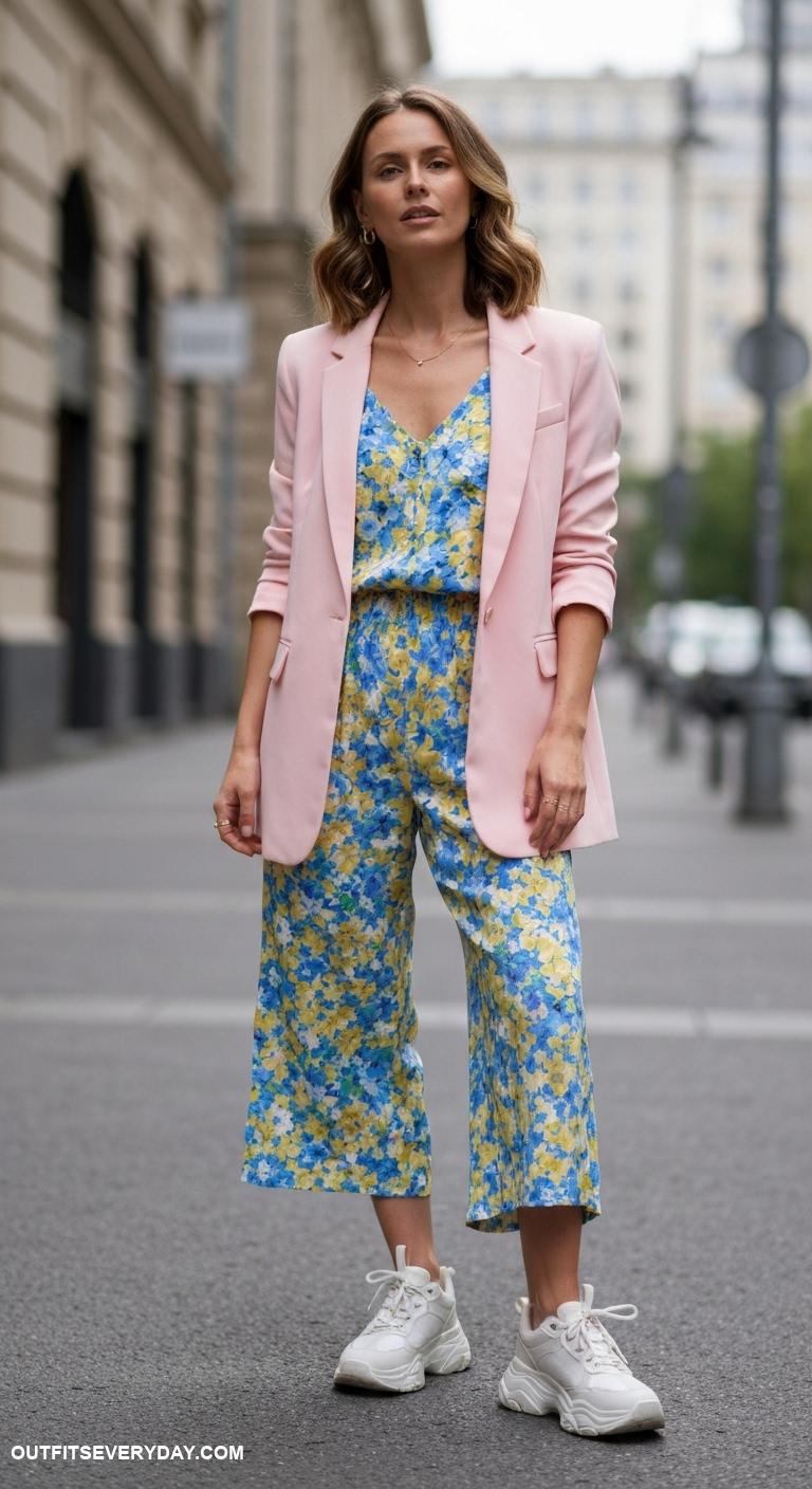 casual blazer outfits Match a pastel blazer with a printed jumpsuit and chunky sneakers
