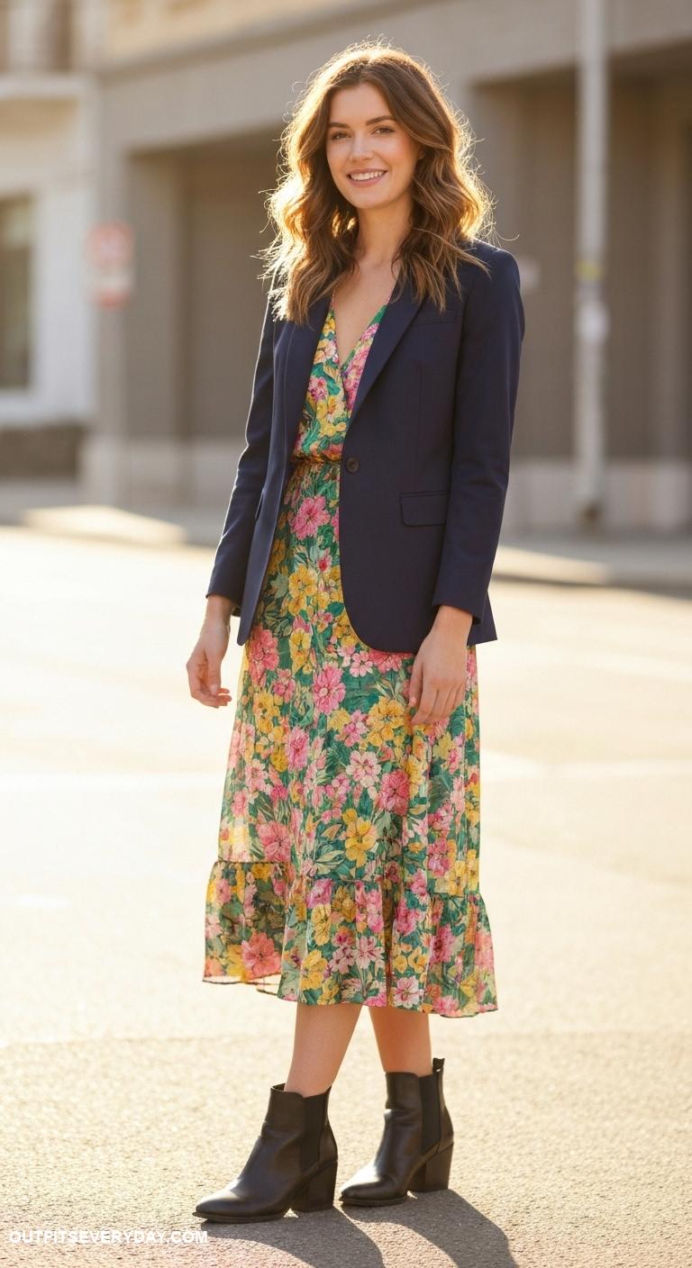 casual blazer outfits Pair a navy blazer with a floral midi dress and ankle boots