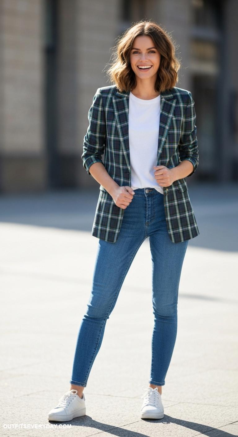 casual blazer outfits Style a plaid blazer over a plain white tee and skinny jeans