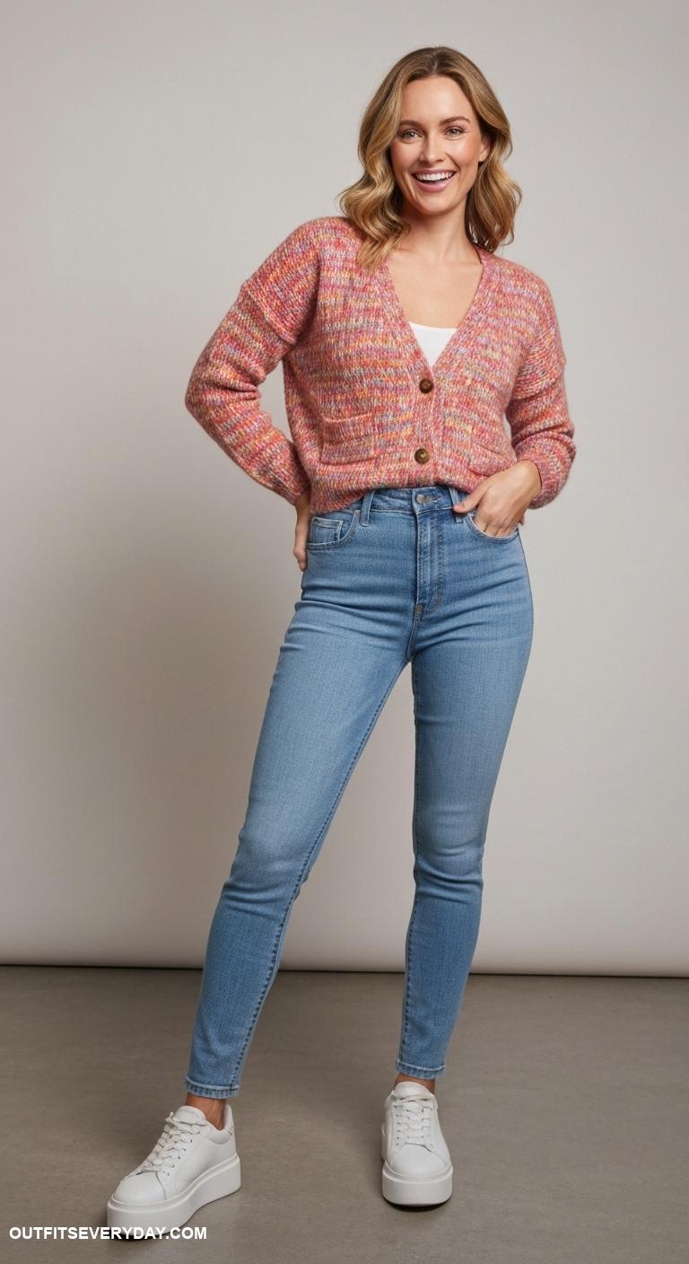 casual jeans outfits Light wash jeans with a vibrant cardigan and white platform sneakers