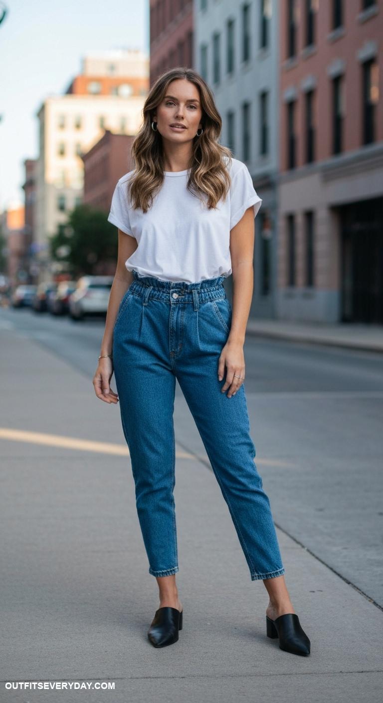 casual jeans outfits Paperbag waist jeans with a basic white tee and sleek mules