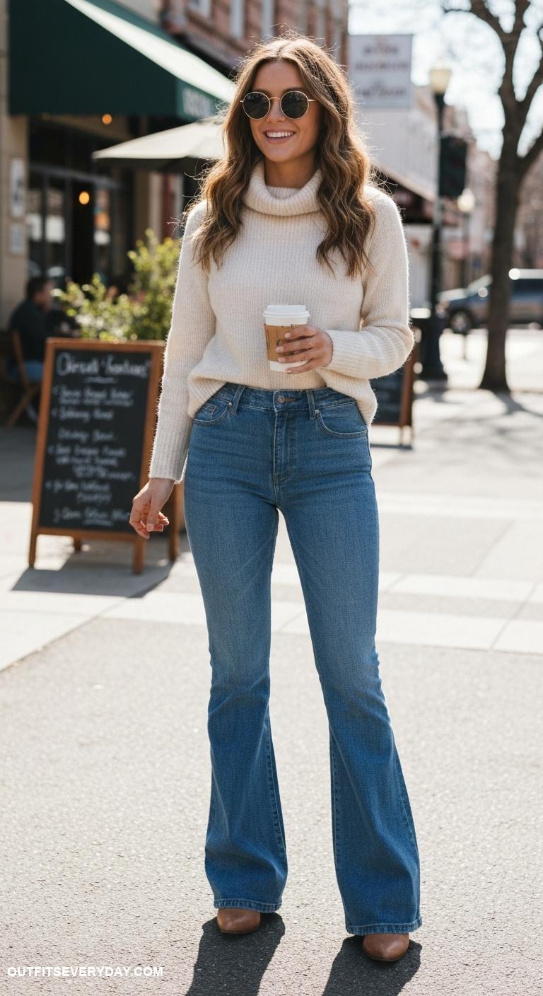 casual jeans outfits Vintage wash flared jeans with a tucked in turtleneck and retro sunglasses