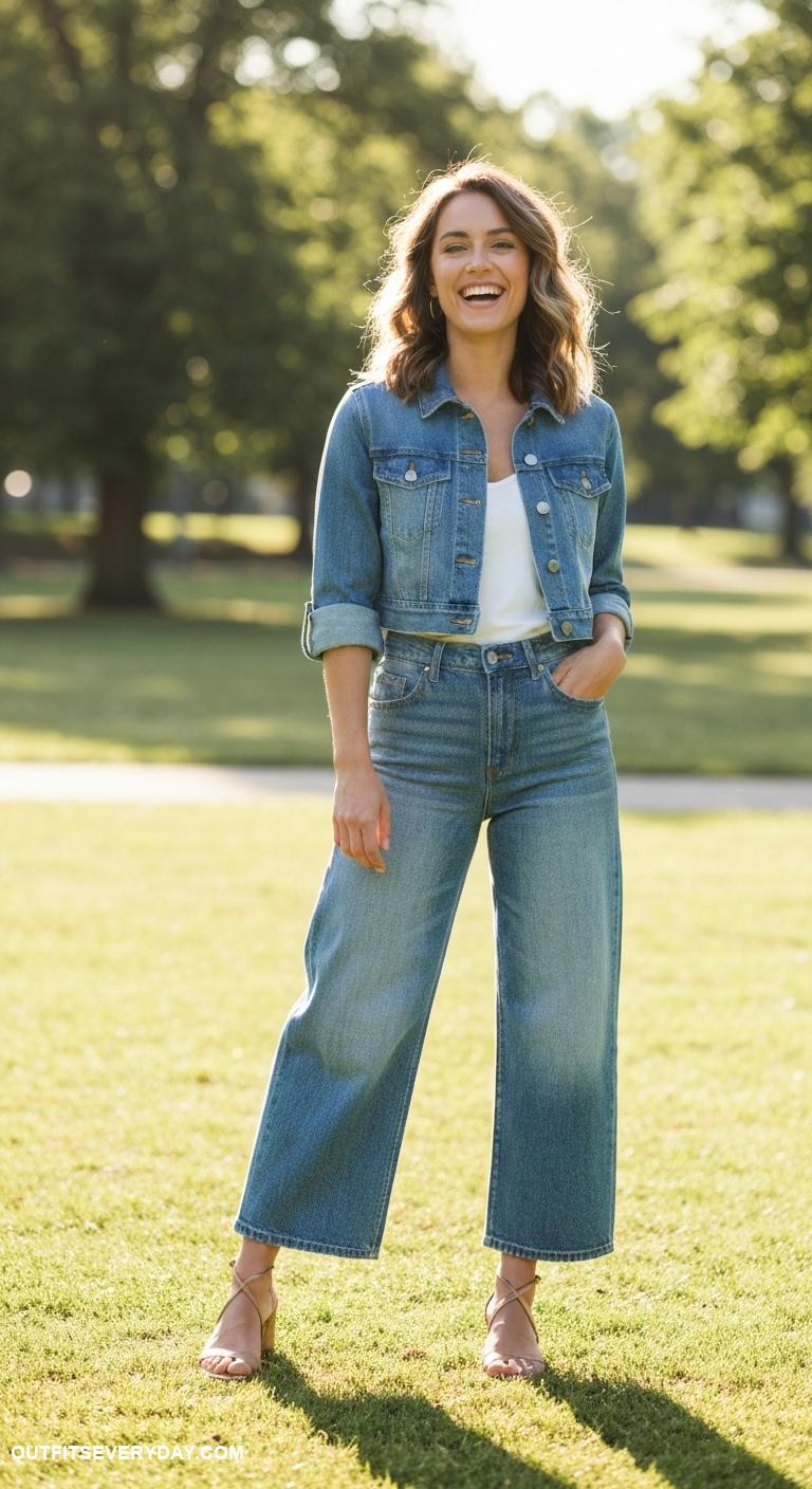 casual jeans outfits Wide leg jeans with a cropped denim jacket and strappy sandals