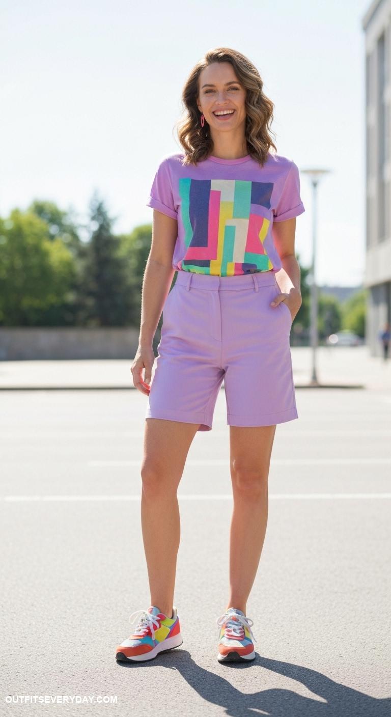 colorful work outfits Lilac tailored shorts and a printed graphic tee with colorful sneakers