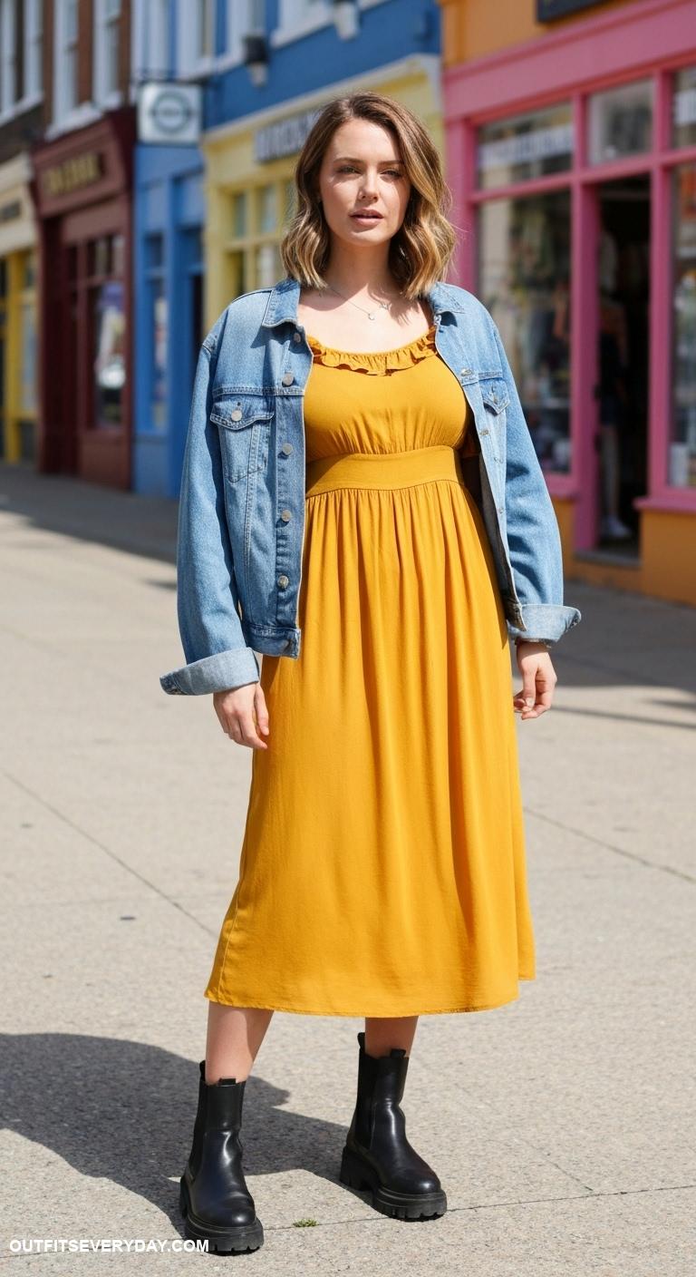 colorful work outfits Mustard yellow midi dress paired with chunky black ankle boots and a denim jacket