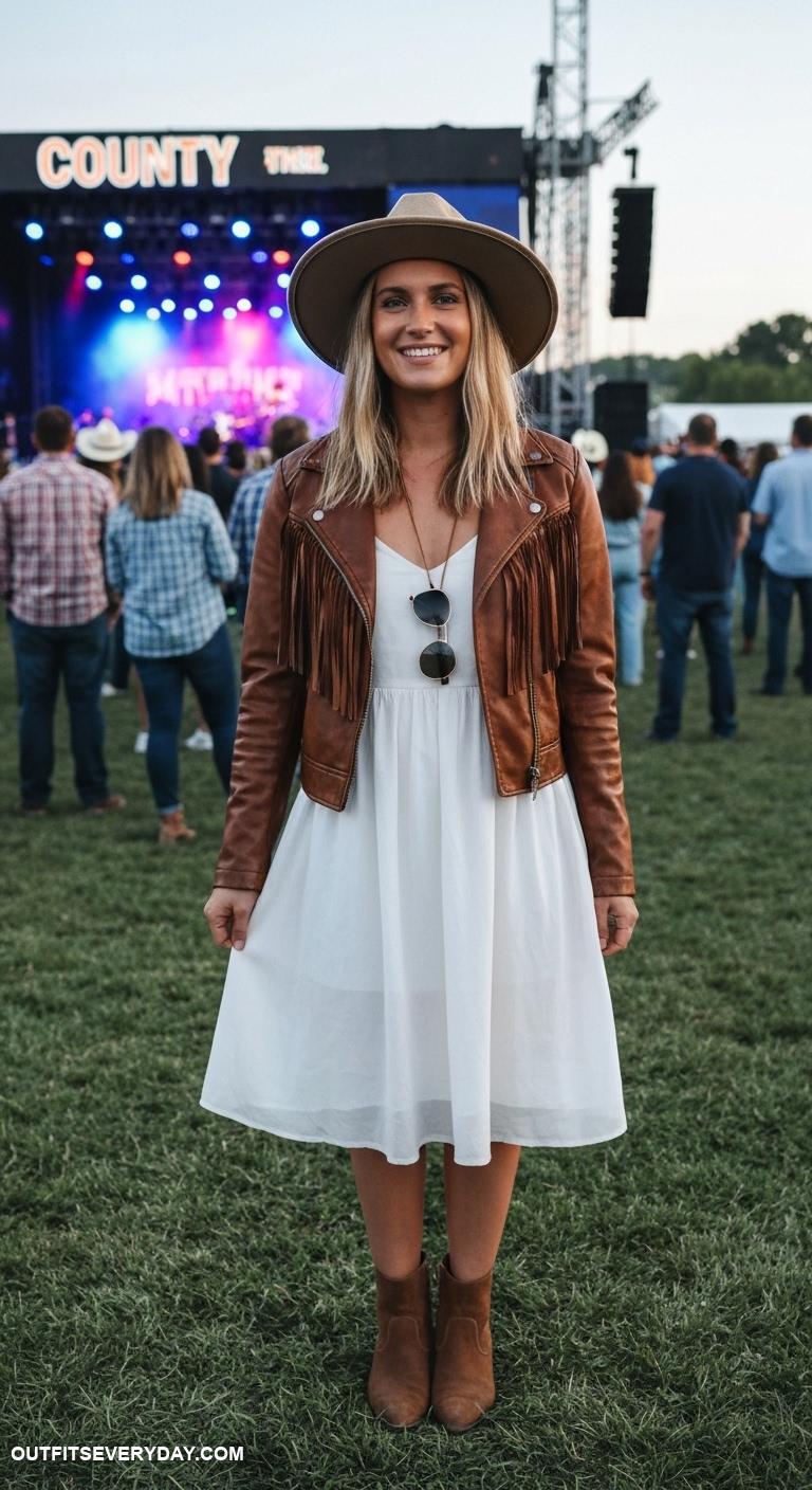 country concert outfits Fringed leather jacket over a simple white sundress