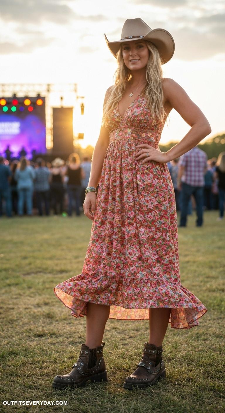 country concert outfits Maxi dress paired with a cowboy hat and chunky ankle boots