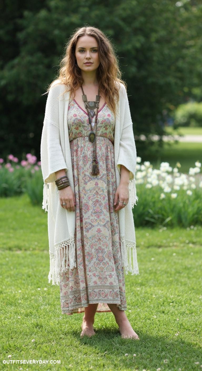 cute cardigan outfits Bohemian cardigan matched with a boho maxi dress and statement jewelry