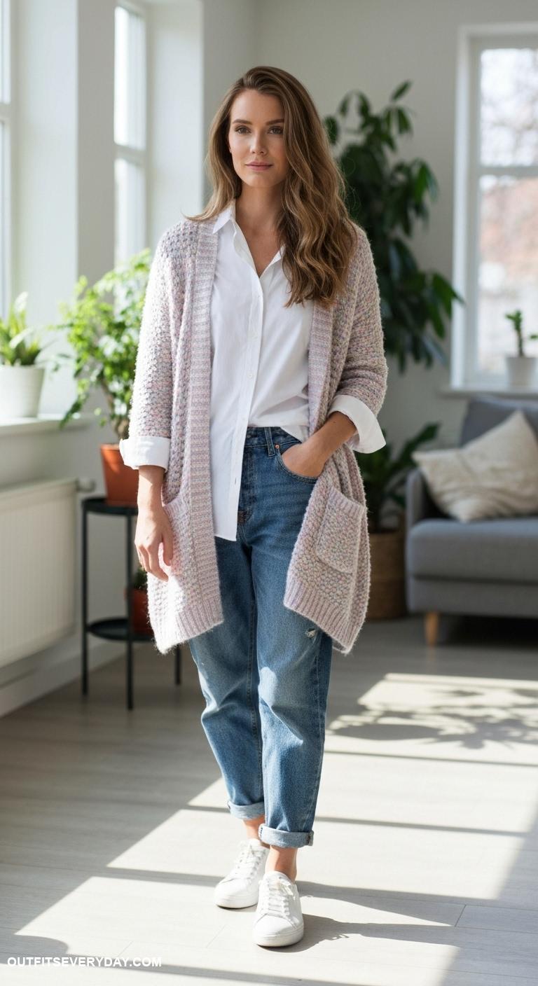 cute cardigan outfits Layered cardigan over a classic white shirt and boyfriend jeans