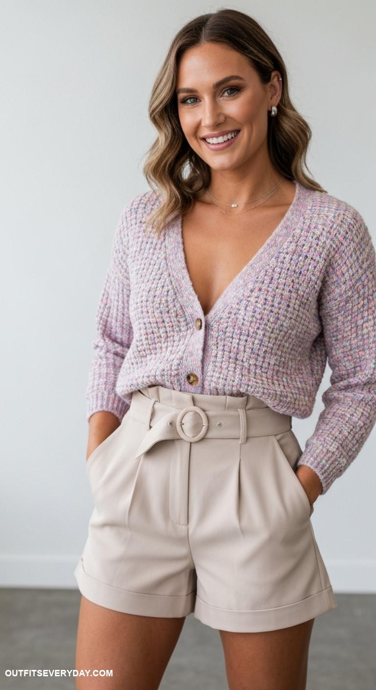 cute cardigan outfits Textured cardigan tucked into tailored shorts with a belt