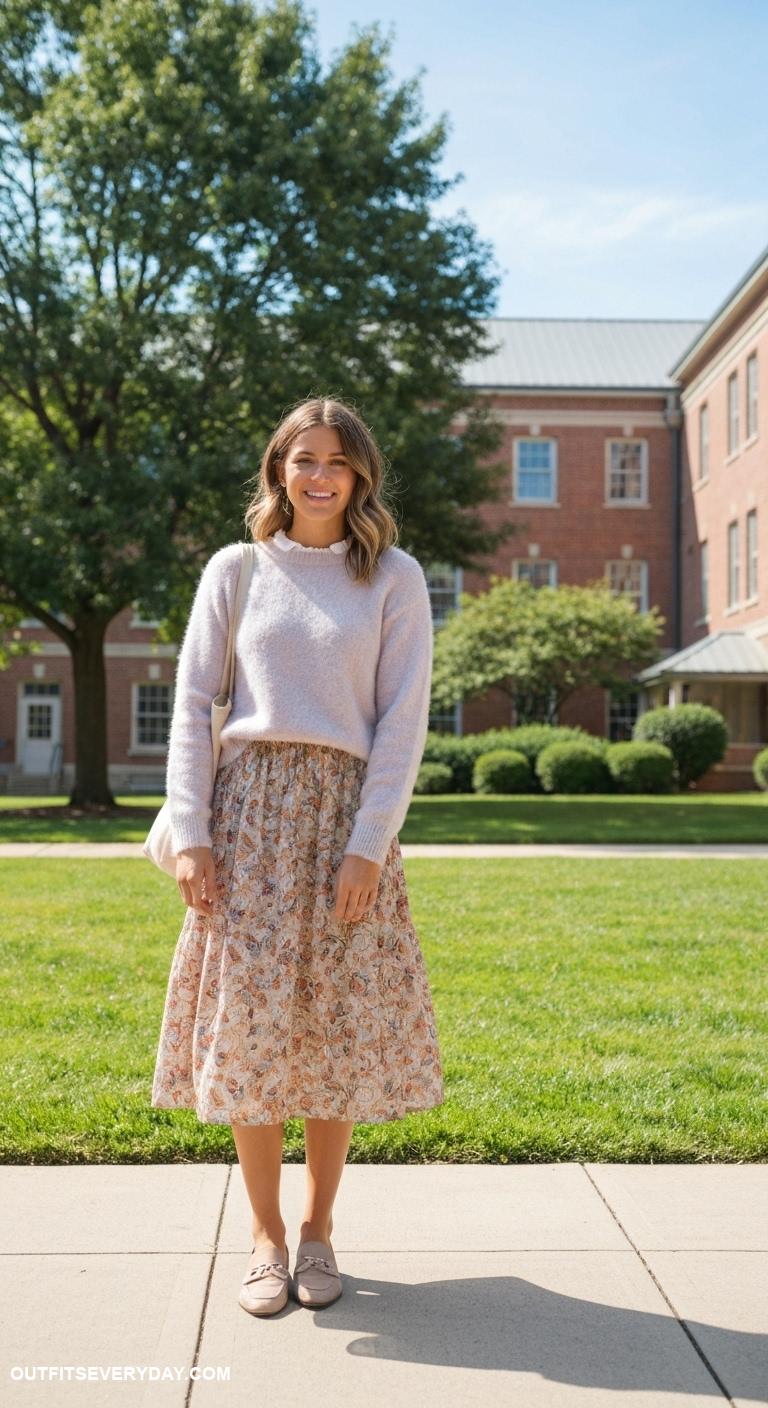 cute college outfits Fuzzy crewneck over patterned midi skirt and loafers