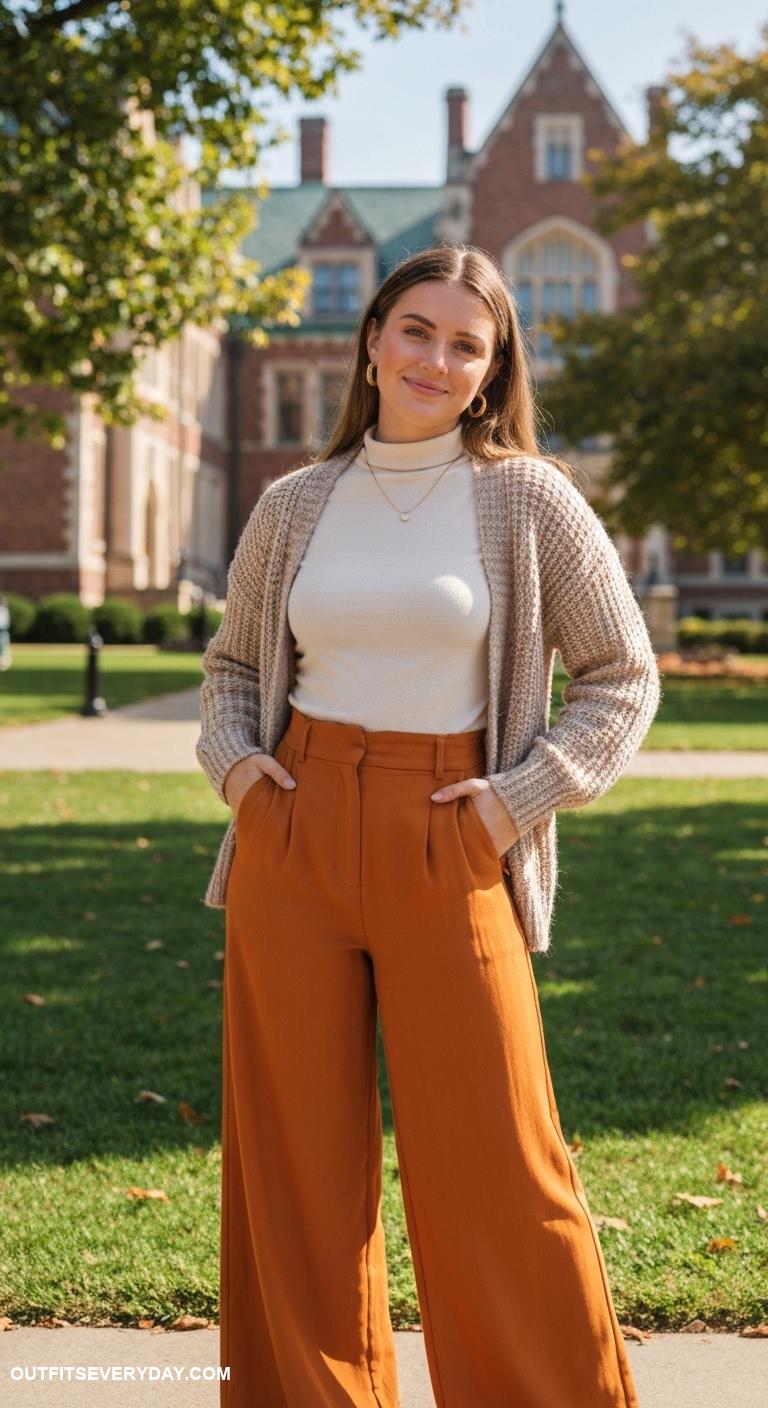 cute college outfits Knit cardigan layered over turtleneck and wide leg trousers