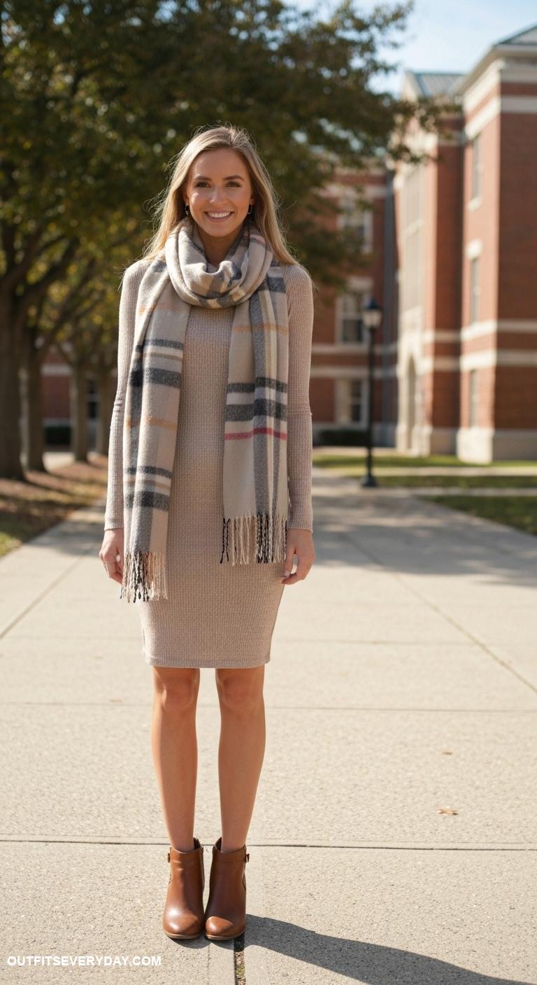 cute college outfits Long sleeve ribbed dress with oversized scarf and ankle booties