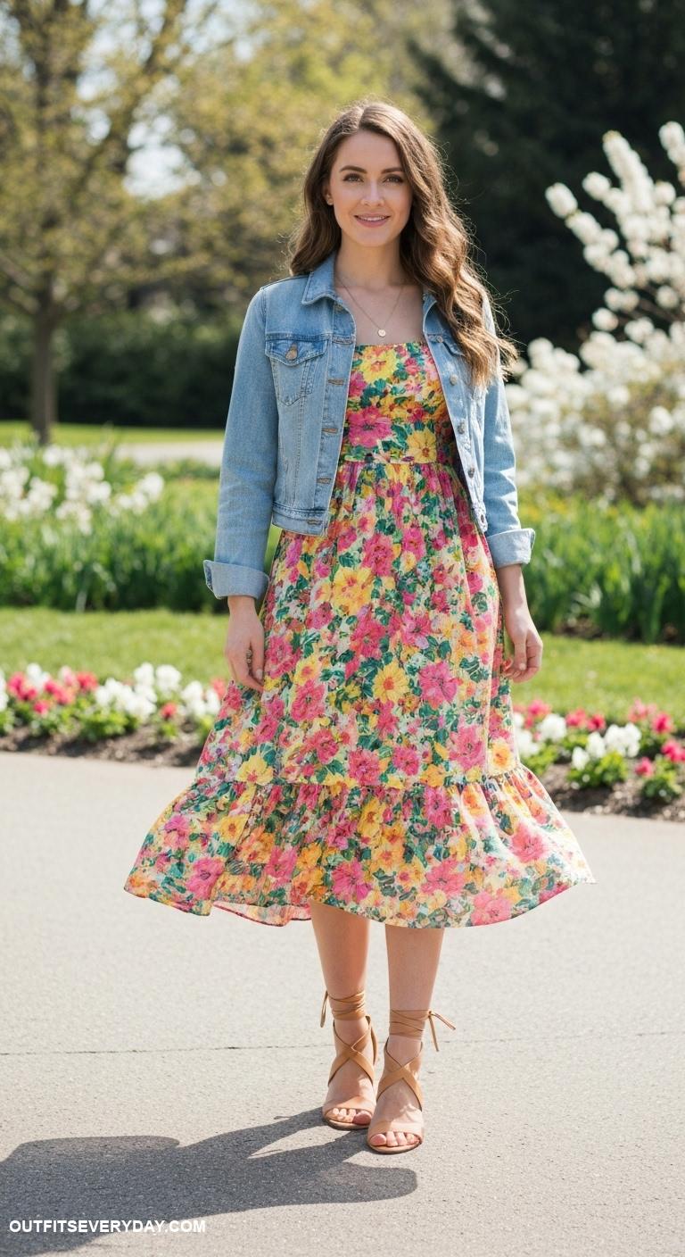 cute dress outfits Floral midi dress with denim jacket and ankle wrap sandals for spring outings