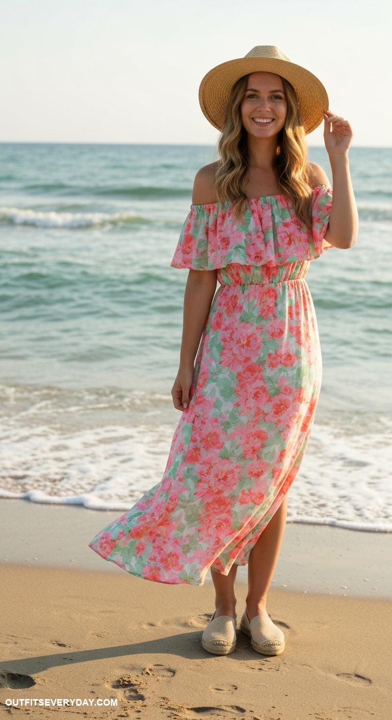 cute dress outfits Off the shoulder dress with straw hat and espadrilles for a beachy feel