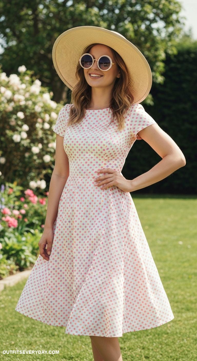 cute dress outfits Polka dot tea dress with oversized sunglasses and a floppy hat for retro flair