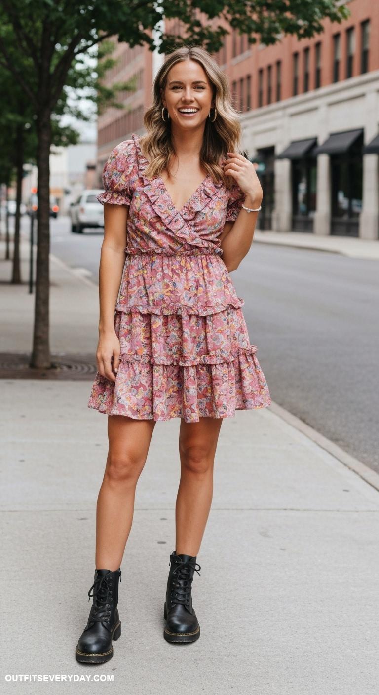 cute dress outfits Tiered mini dress with combat boots for an edgy yet feminine outfit
