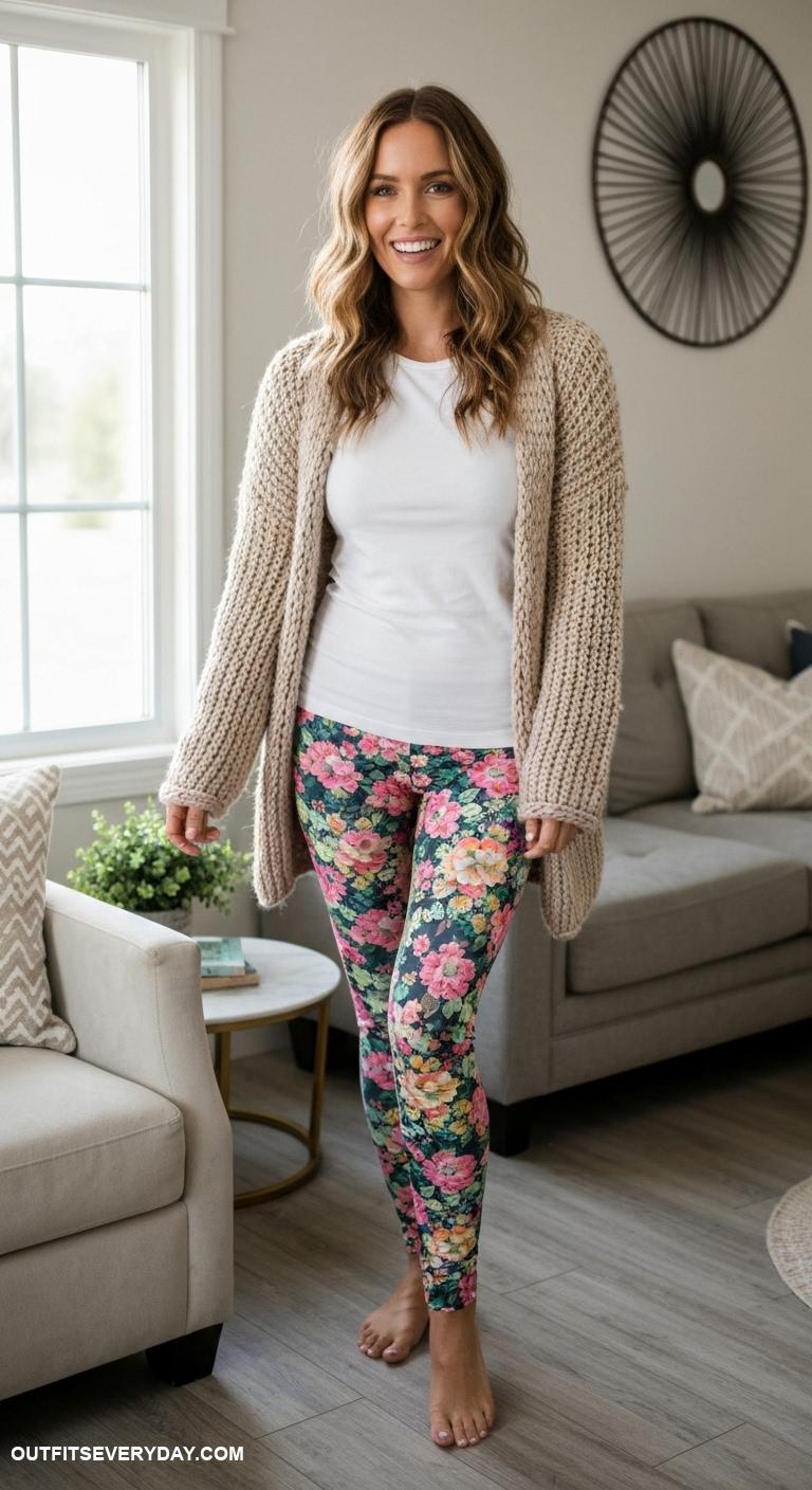 cute outfits with leggings Chunky cardigan thrown over a fitted tee and floral leggings